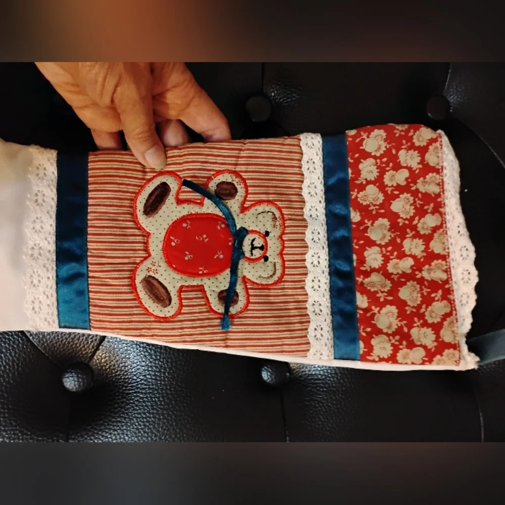 Festive Kids Stocking with Bear Design Embroidery Quilting